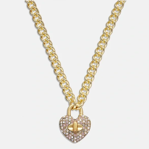 Coach Heart Turnlock Pave’ Chain Link Necklace - Picture 1 of 5